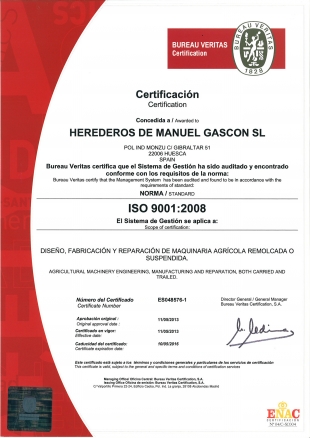 Gascón International obtiene el certificado de calidad ISO 9001 en diseño y fabricación de maquinaria agrícola
